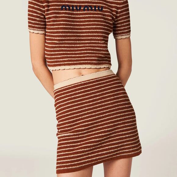 NWT Miu Miu Gonna Cotton Boucle Striped Mini Skirt Tobacco Women's 38 / US 2 - Picture 1 of 13